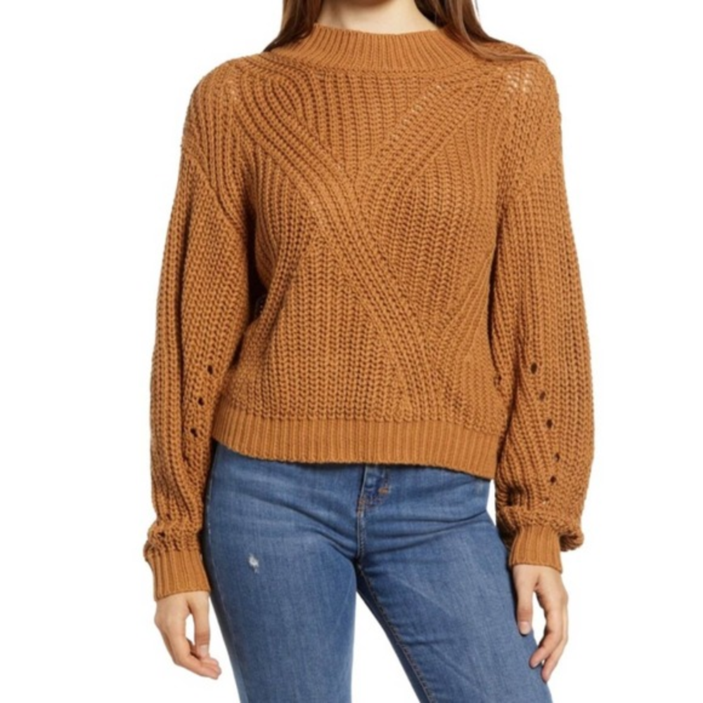 BP‎ Size XS Traveling Stitch Mock Neck Balloon Sleeve Cropped Sweater Tan